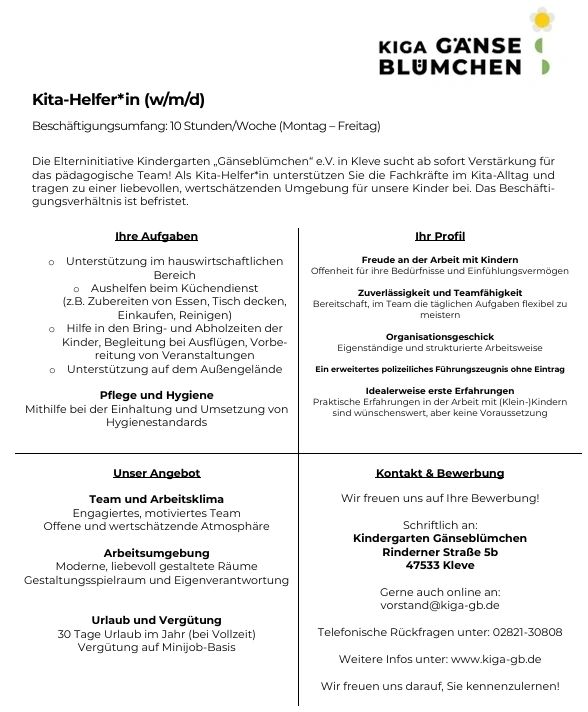 Stellenausschreibung Kita-Hilfe Kindergarten Gänseblümchen