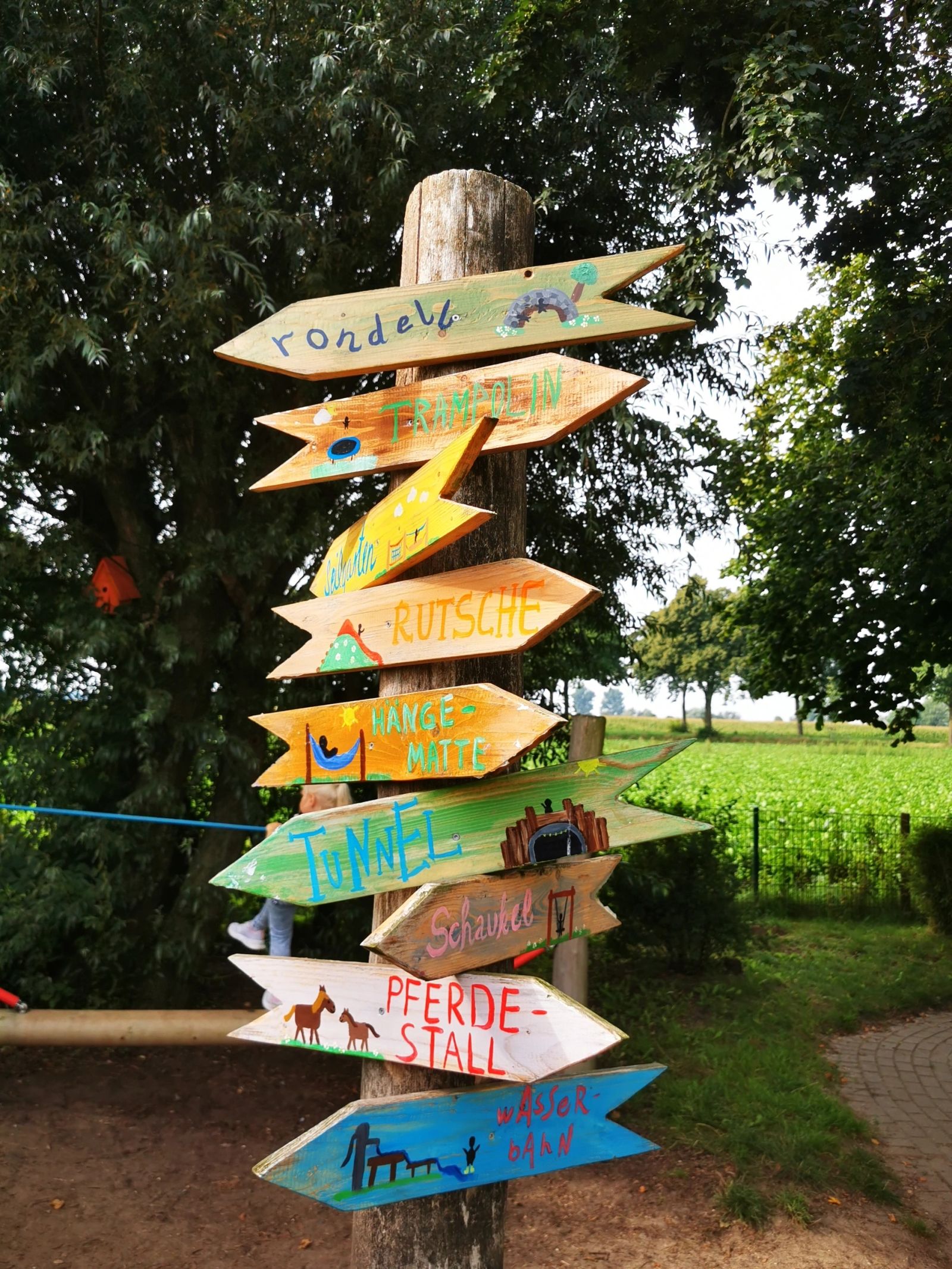 Bunter Wegweiser im Kindergartengarten mit Rutsche, Trampolin und Hängematte